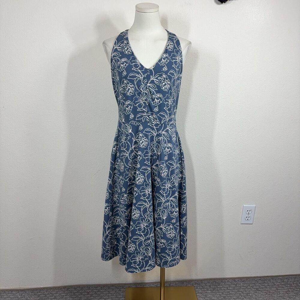 Pact Dress Womens Medium Blue Organic Cotton Floral Pockets Travel Athleisure